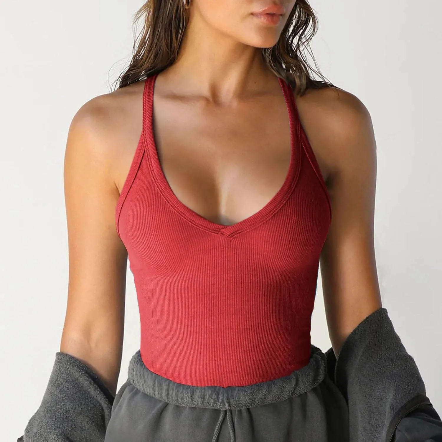 Racerback Tank Tops for Women Beach Vacation Essentials Spaghetti Strap V Neck Ribbed Tanks Sexy Date Night Outfit