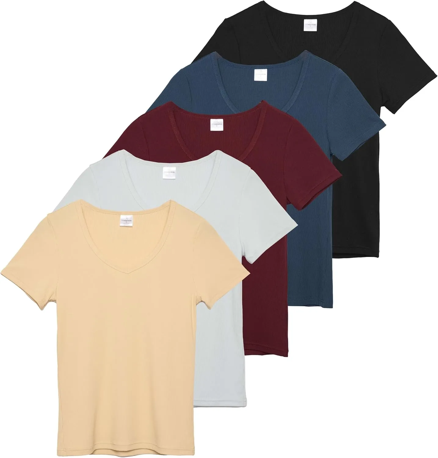 Real Essentials 5 Pack: Women's Soft Ribbed Short Sleeve V-Neck T-Shirt Casual Summer Tee Shirts
