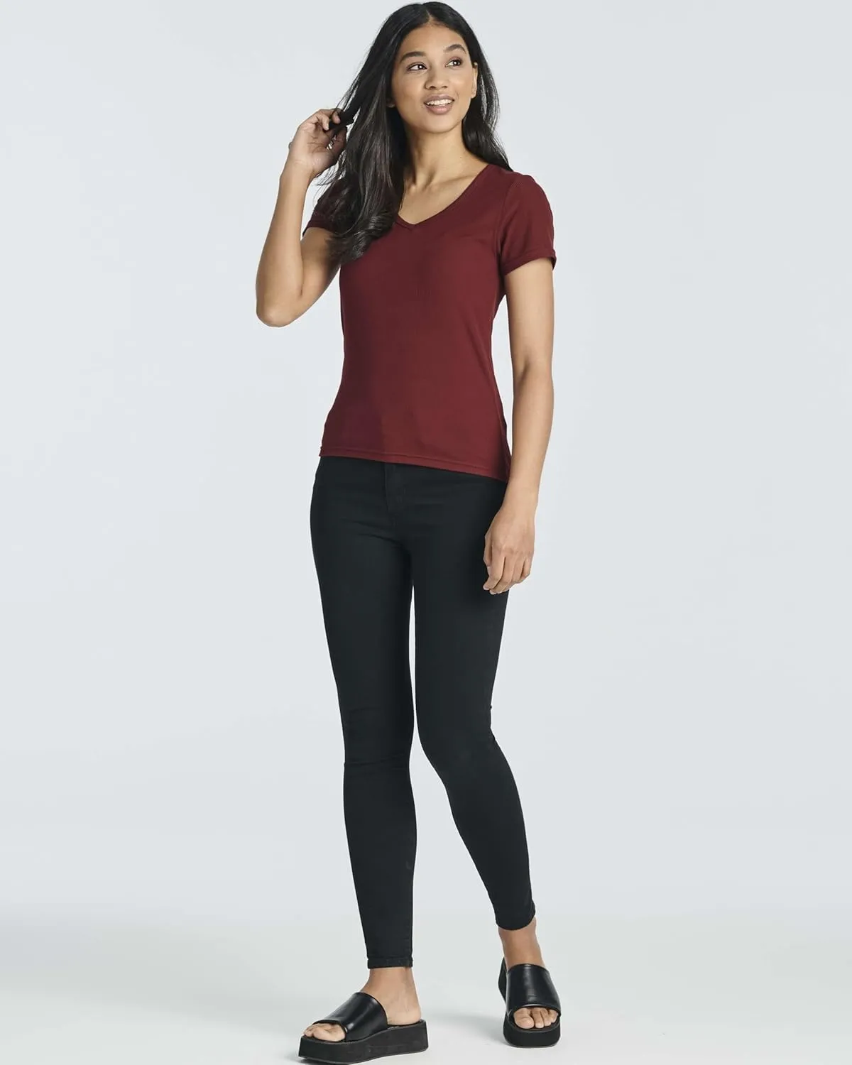 Real Essentials 5 Pack: Women's Soft Ribbed Short Sleeve V-Neck T-Shirt Casual Summer Tee Shirts