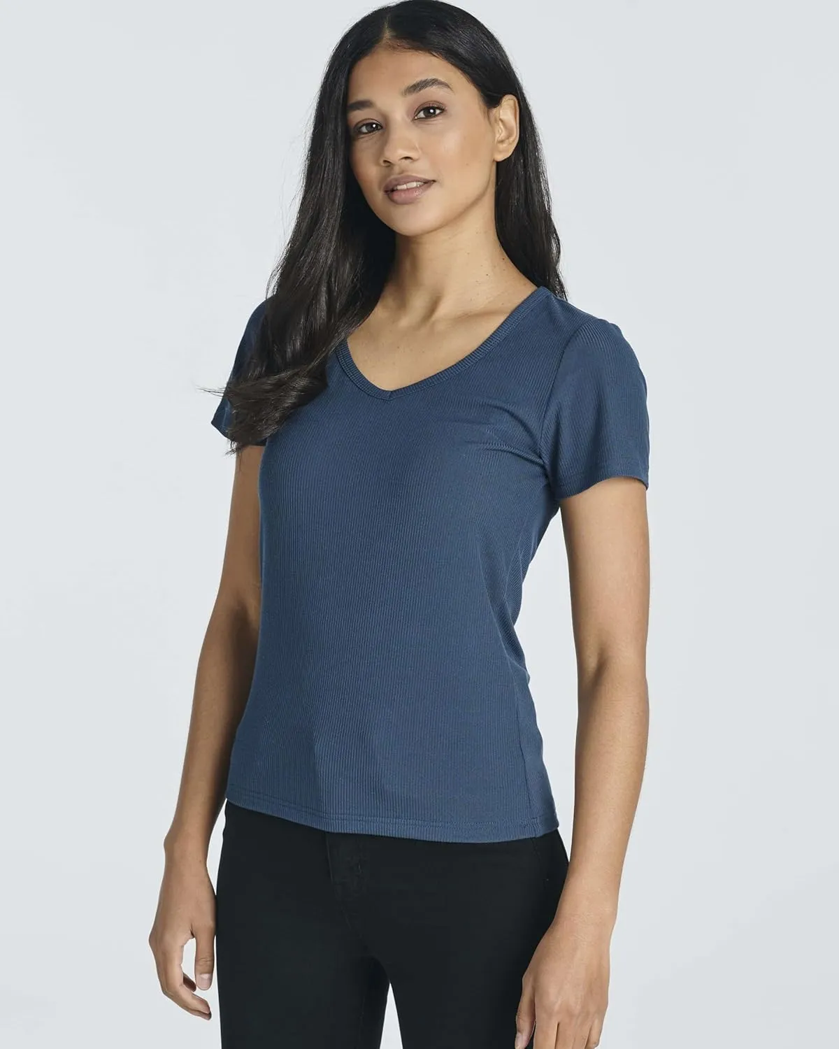 Real Essentials 5 Pack: Women's Soft Ribbed Short Sleeve V-Neck T-Shirt Casual Summer Tee Shirts