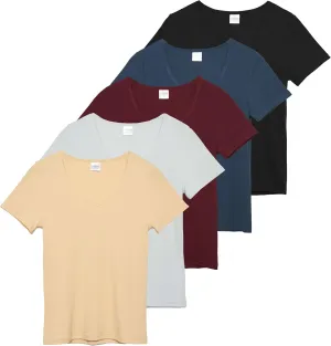 Real Essentials 5 Pack: Women's Soft Ribbed Short Sleeve V-Neck T-Shirt Casual Summer Tee Shirts