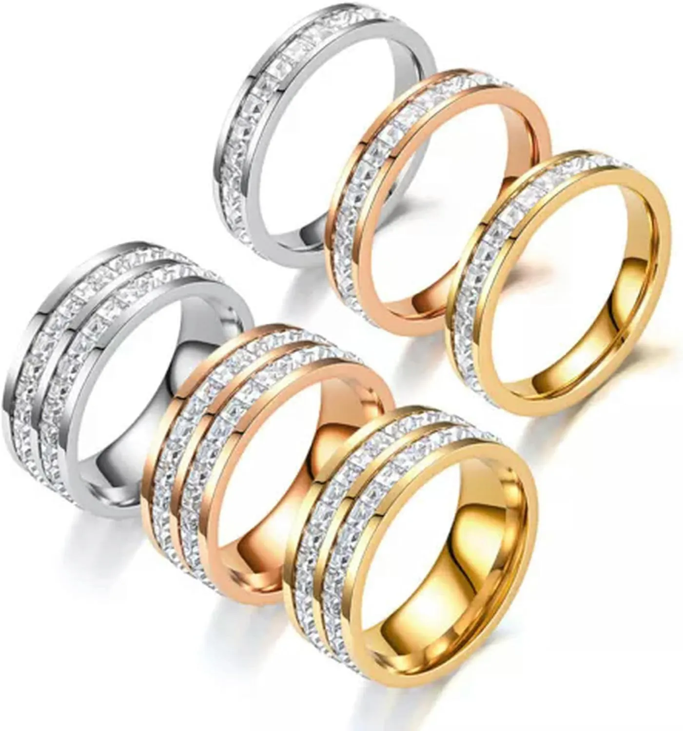 Rhinestone Rings Stainless Steel Fashion Jewelry Zircon Rings Women Finger Ring-Silver Single Row-8