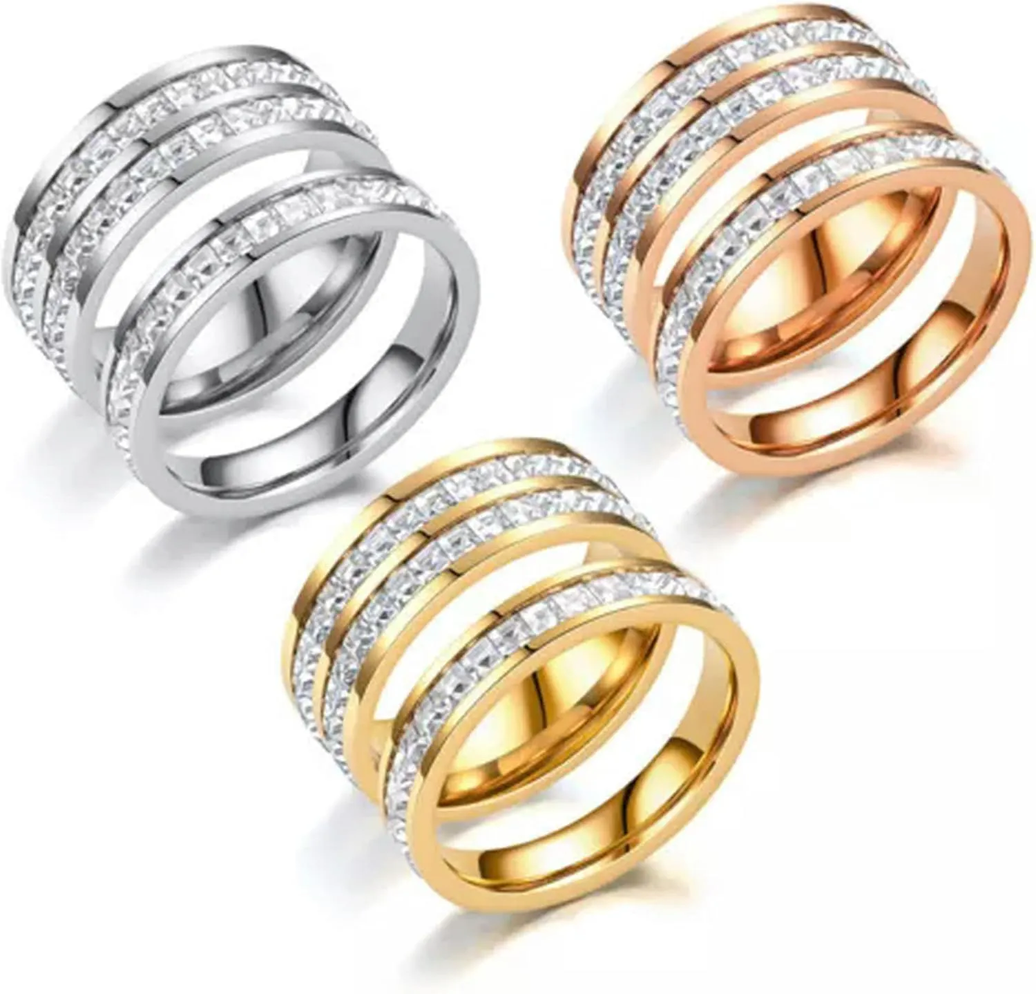 Rhinestone Rings Stainless Steel Fashion Jewelry Zircon Rings Women Finger Ring-Silver Single Row-8