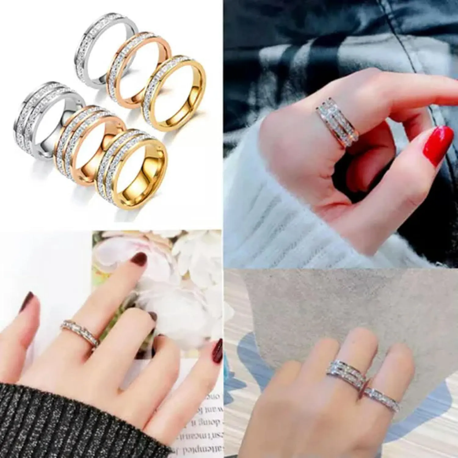 Rhinestone Rings Stainless Steel Fashion Jewelry Zircon Rings Women Finger Ring-Silver Single Row-8