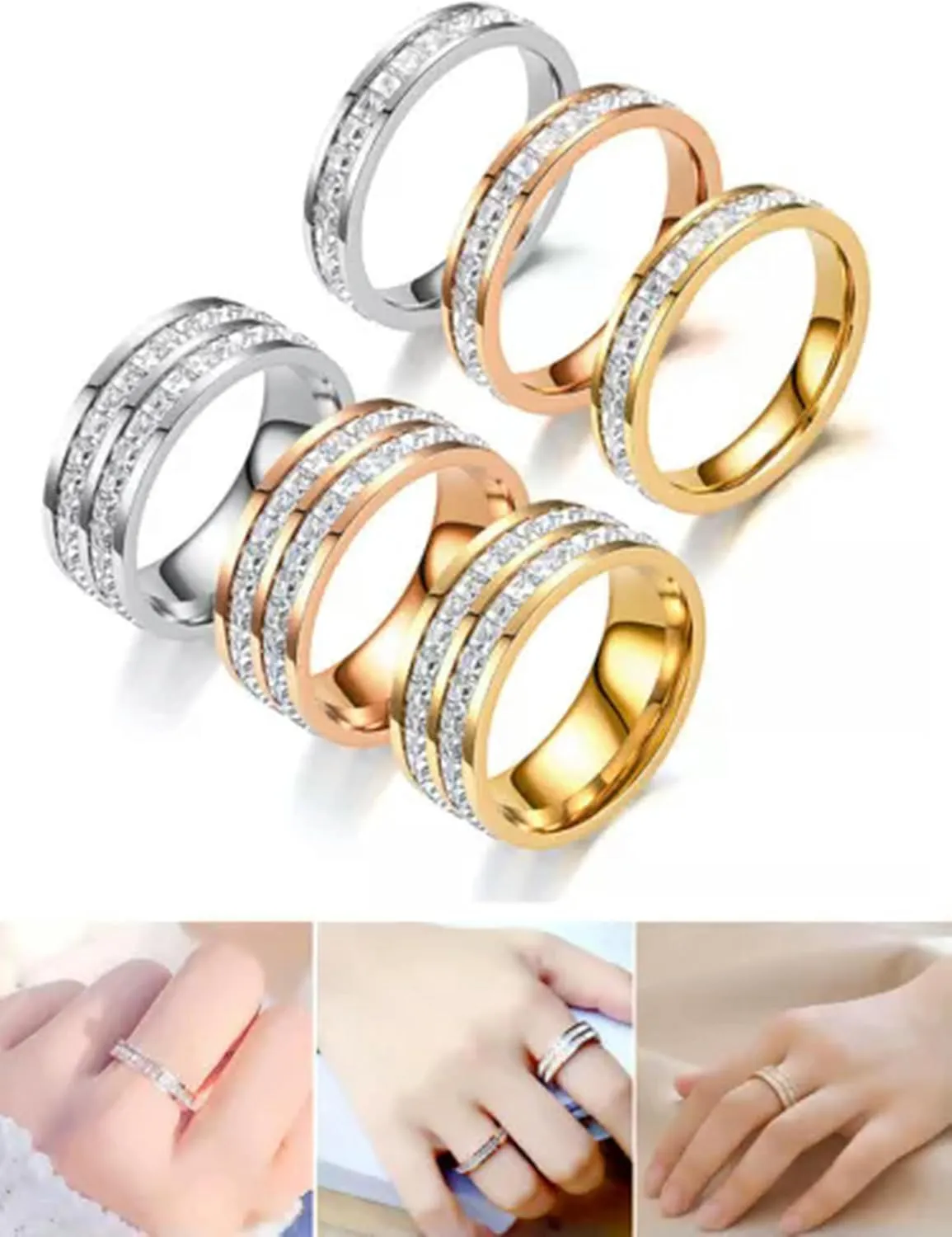 Rhinestone Rings Stainless Steel Fashion Jewelry Zircon Rings Women Finger Ring-Silver Single Row-8