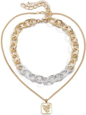 Rose Gold Necklaces for Women, Womens Layered Necklaces Silver Gold Plated Rose Shape for Women