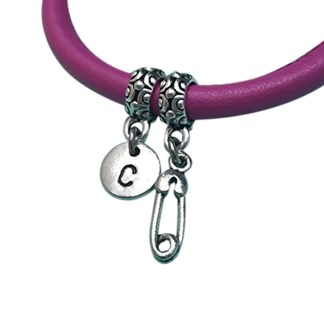 Safety pin leather bracelet, safety pin charm bracelet, leather bangle, charm bangle, personalized bracelet, initial bracelet, monogram
