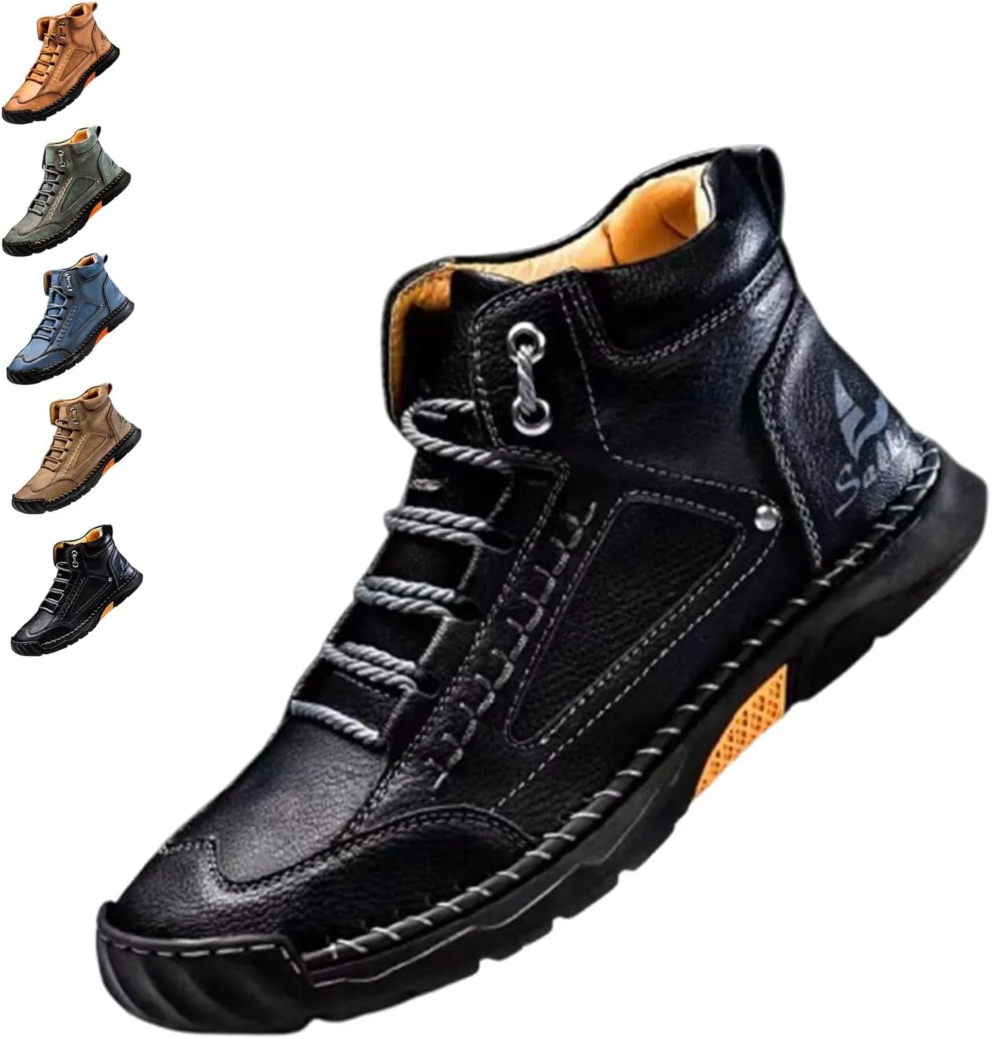Sawbehind Men's Comfortable Handmade Leather Boots,Arch Support,Spacious Toe Box Outdoor Leather Shoes