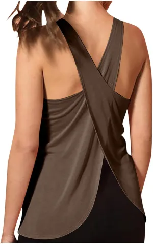 Sexy Open Back Workout Tank Tops Loose Fit Sleeveless Criss-Cross Back Slit Activewear Athletic Shirts