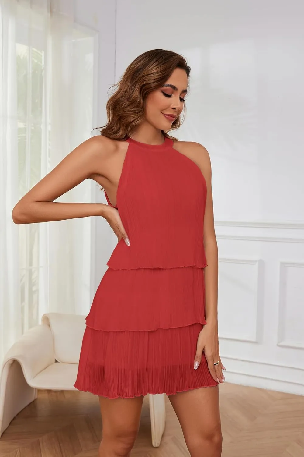 Sexy Summer Halter Dresses for Women Sleeveless Ruffle Tiered Layered Chiffon Mini Dress A-Line Flowy Wedding Dress