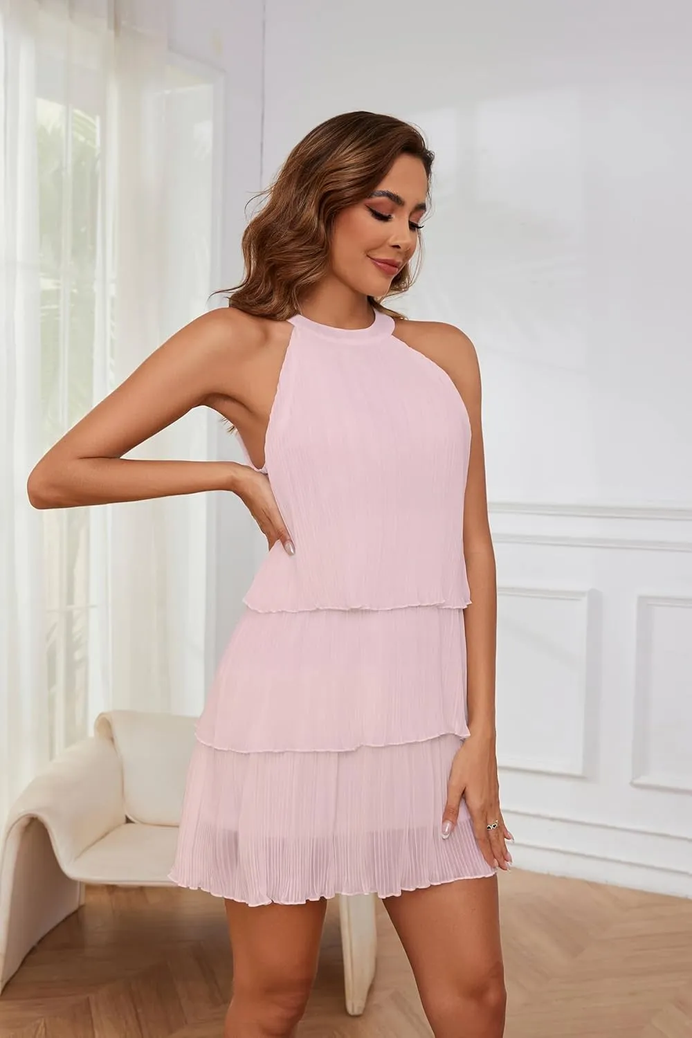 Sexy Summer Halter Dresses for Women Sleeveless Ruffle Tiered Layered Chiffon Mini Dress A-Line Flowy Wedding Dress