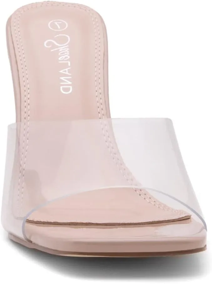 Shoe Land Melrose Women's High Heels Stiletto Heeled Slides, Square Open Toe One Band Slip-On Heeled Mules  Dressy Clear Heeled Sandals for Prom Party Wedding and Vacation