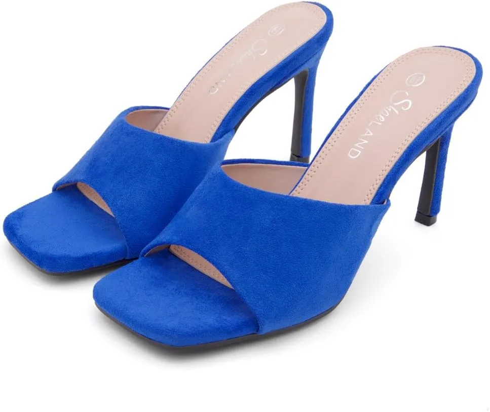 Shoe Land Melrose Women's High Heels Stiletto Heeled Slides, Square Open Toe One Band Slip-On Heeled Mules  Dressy Clear Heeled Sandals for Prom Party Wedding and Vacation