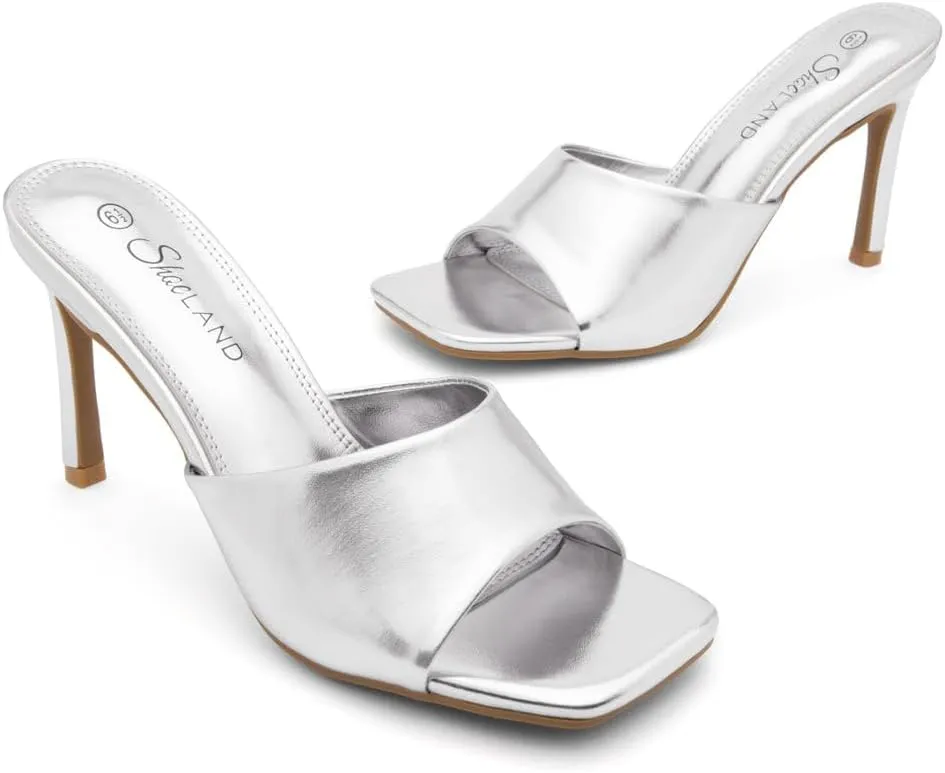 Shoe Land Melrose Women's High Heels Stiletto Heeled Slides, Square Open Toe One Band Slip-On Heeled Mules  Dressy Clear Heeled Sandals for Prom Party Wedding and Vacation