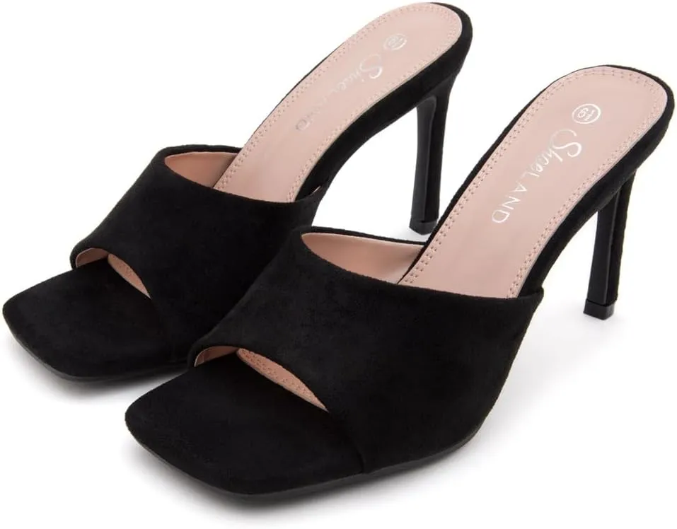 Shoe Land Melrose Women's High Heels Stiletto Heeled Slides, Square Open Toe One Band Slip-On Heeled Mules  Dressy Clear Heeled Sandals for Prom Party Wedding and Vacation