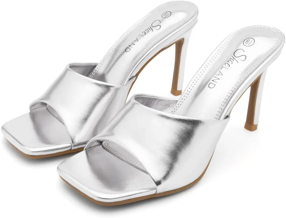 Shoe Land Melrose Women's High Heels Stiletto Heeled Slides, Square Open Toe One Band Slip-On Heeled Mules  Dressy Clear Heeled Sandals for Prom Party Wedding and Vacation