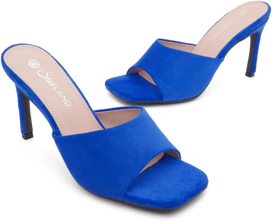 Shoe Land Melrose Women's High Heels Stiletto Heeled Slides, Square Open Toe One Band Slip-On Heeled Mules  Dressy Clear Heeled Sandals for Prom Party Wedding and Vacation