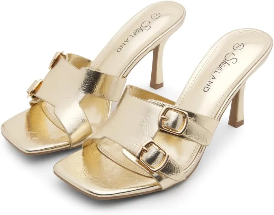 Shoe Land Melrose Women's High Heels Stiletto Heeled Slides, Square Open Toe One Band Slip-On Heeled Mules  Dressy Clear Heeled Sandals for Prom Party Wedding and Vacation