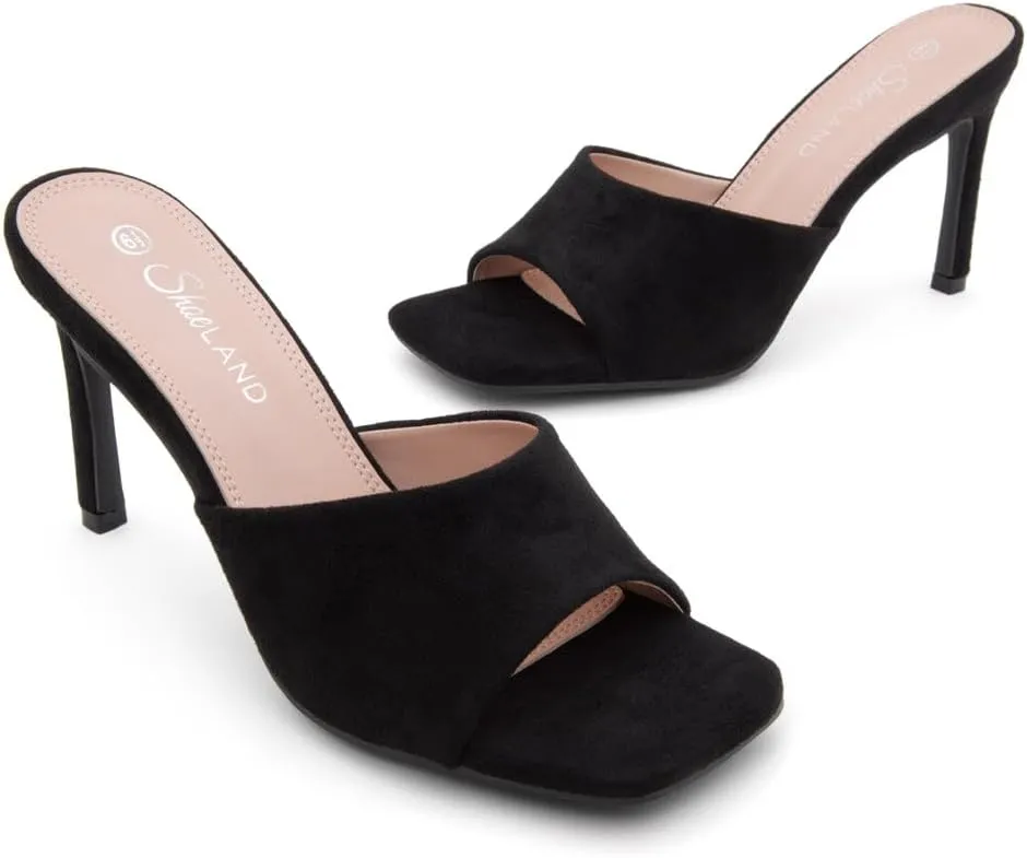 Shoe Land Melrose Women's High Heels Stiletto Heeled Slides, Square Open Toe One Band Slip-On Heeled Mules  Dressy Clear Heeled Sandals for Prom Party Wedding and Vacation