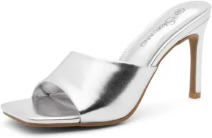 Shoe Land Melrose Women's High Heels Stiletto Heeled Slides, Square Open Toe One Band Slip-On Heeled Mules  Dressy Clear Heeled Sandals for Prom Party Wedding and Vacation