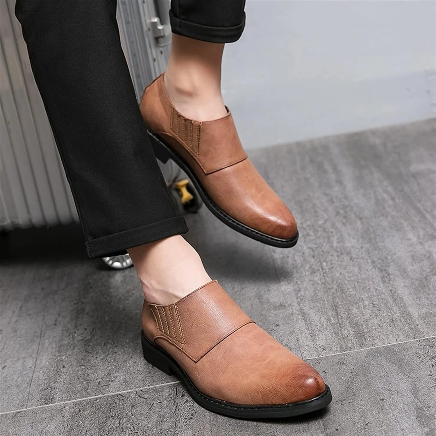 Shoes Dress Oxford for Men Lace Up Burnish Round Toe Vegan Leather Anti-Slip Block Heel Low Top Non Slip Wedding