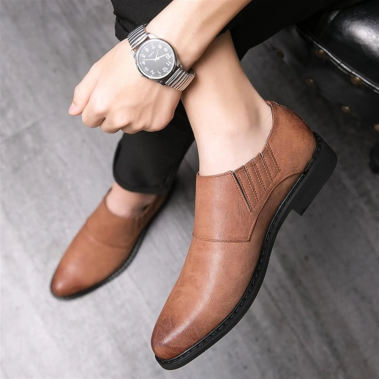 Shoes Dress Oxford for Men Lace Up Burnish Round Toe Vegan Leather Anti-Slip Block Heel Low Top Non Slip Wedding