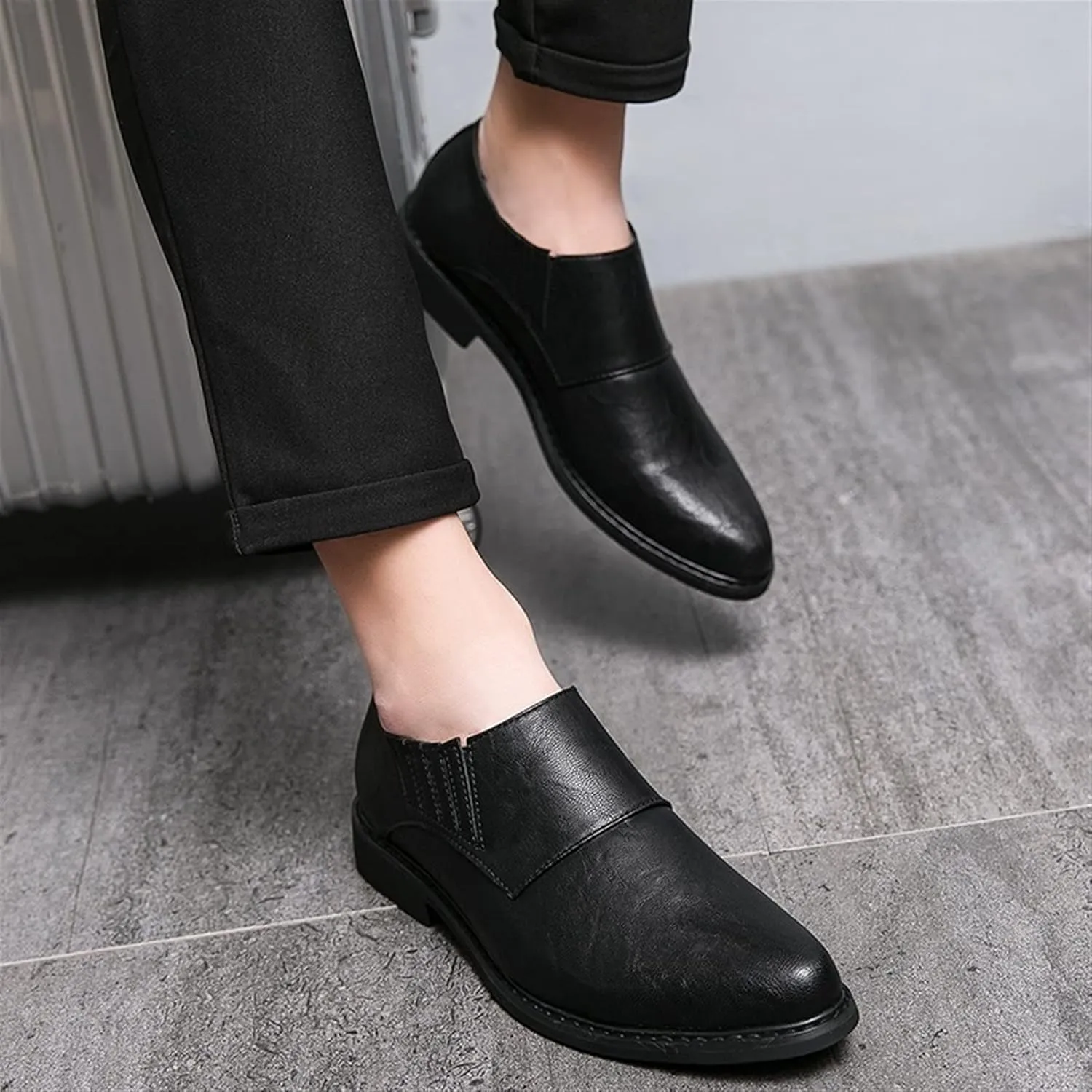 Shoes Dress Oxford for Men Lace Up Burnish Round Toe Vegan Leather Anti-Slip Block Heel Low Top Non Slip Wedding