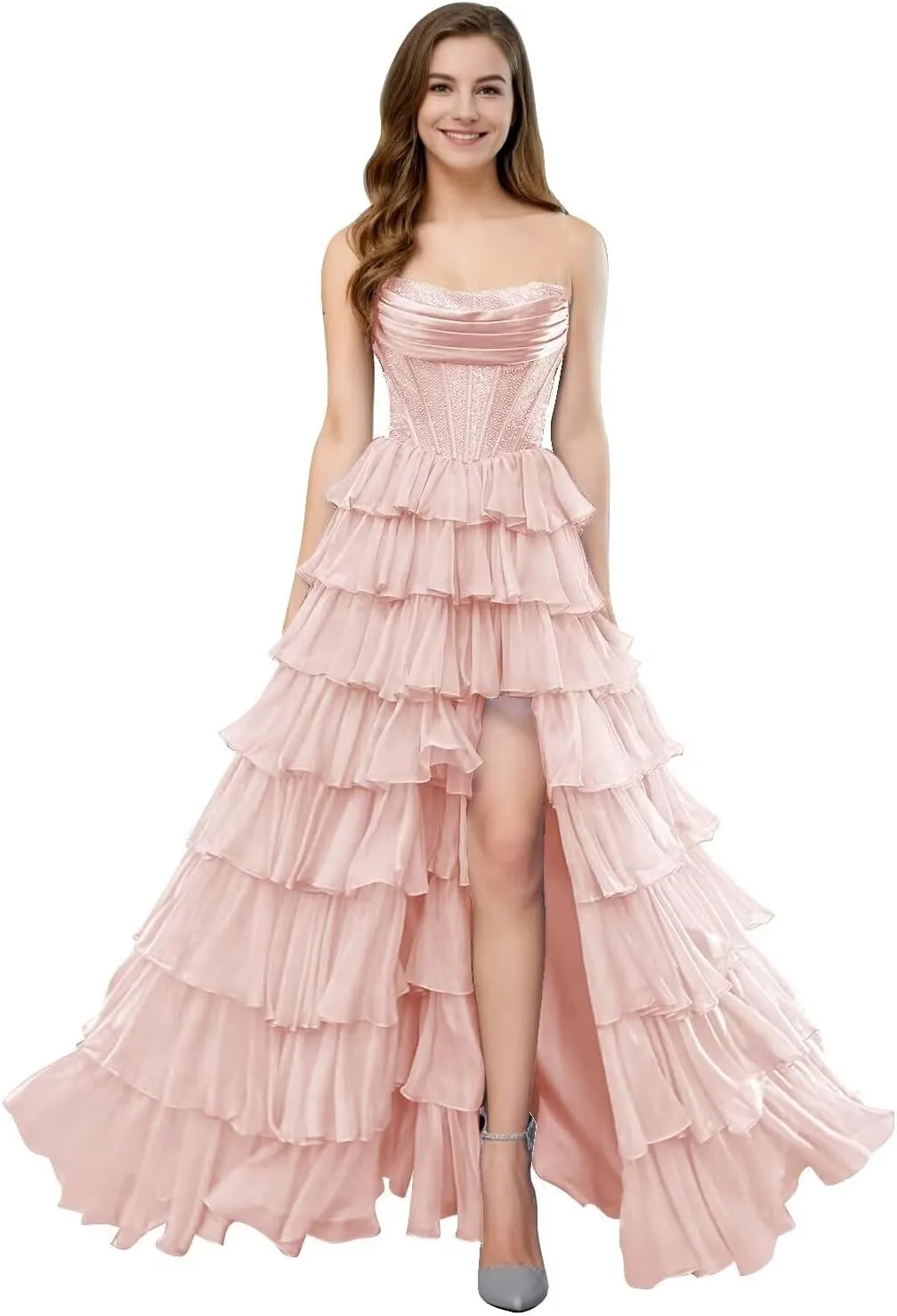 SHSUREVE Strapless Ruffles Prom Dress for Women 2025 Long Sparkly Tiered Chiffon Formal Evening Gown with Slit