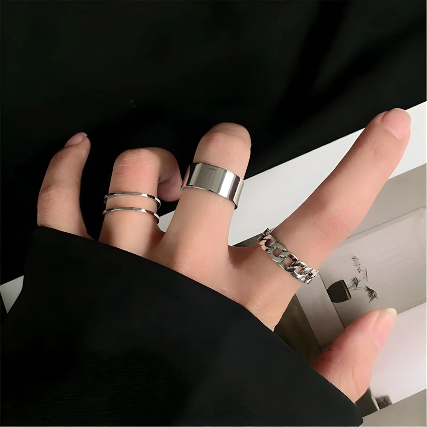 Silver Gothic Knuckle Ring Set for Men Women 3 Pcs Open Finger Geometric Rings Punk Stackable Rings