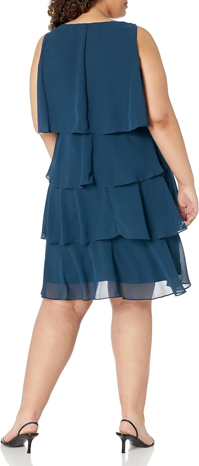 S.L. Fashions Women's Plus-Size Solid Multi-Tier Embellished Shoulder Dress