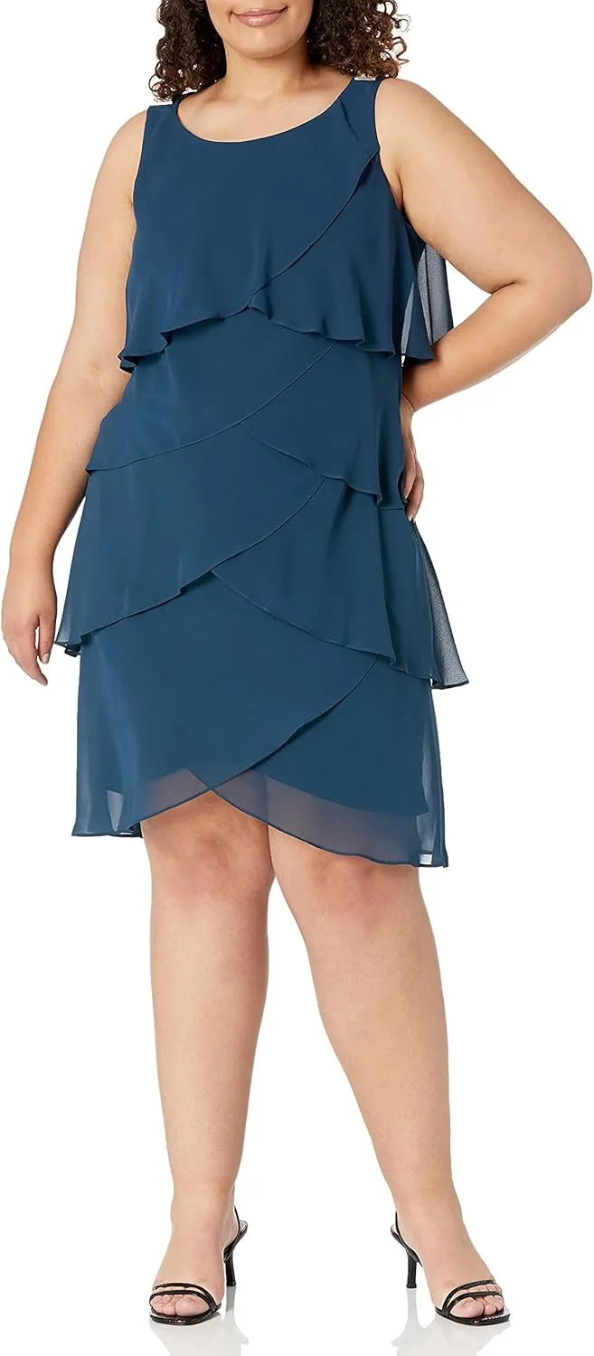 S.L. Fashions Women's Plus-Size Solid Multi-Tier Embellished Shoulder Dress
