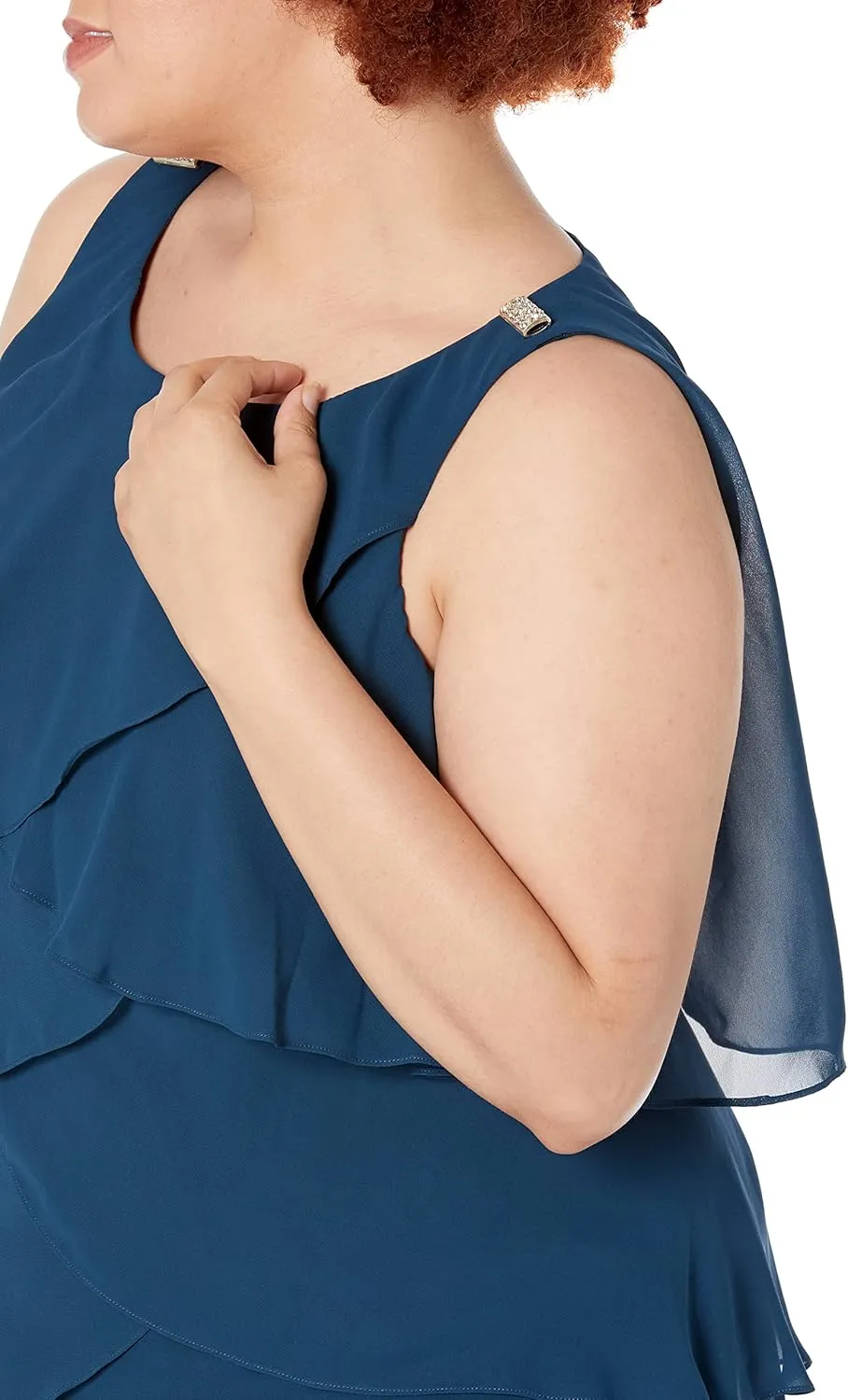 S.L. Fashions Women's Plus-Size Solid Multi-Tier Embellished Shoulder Dress