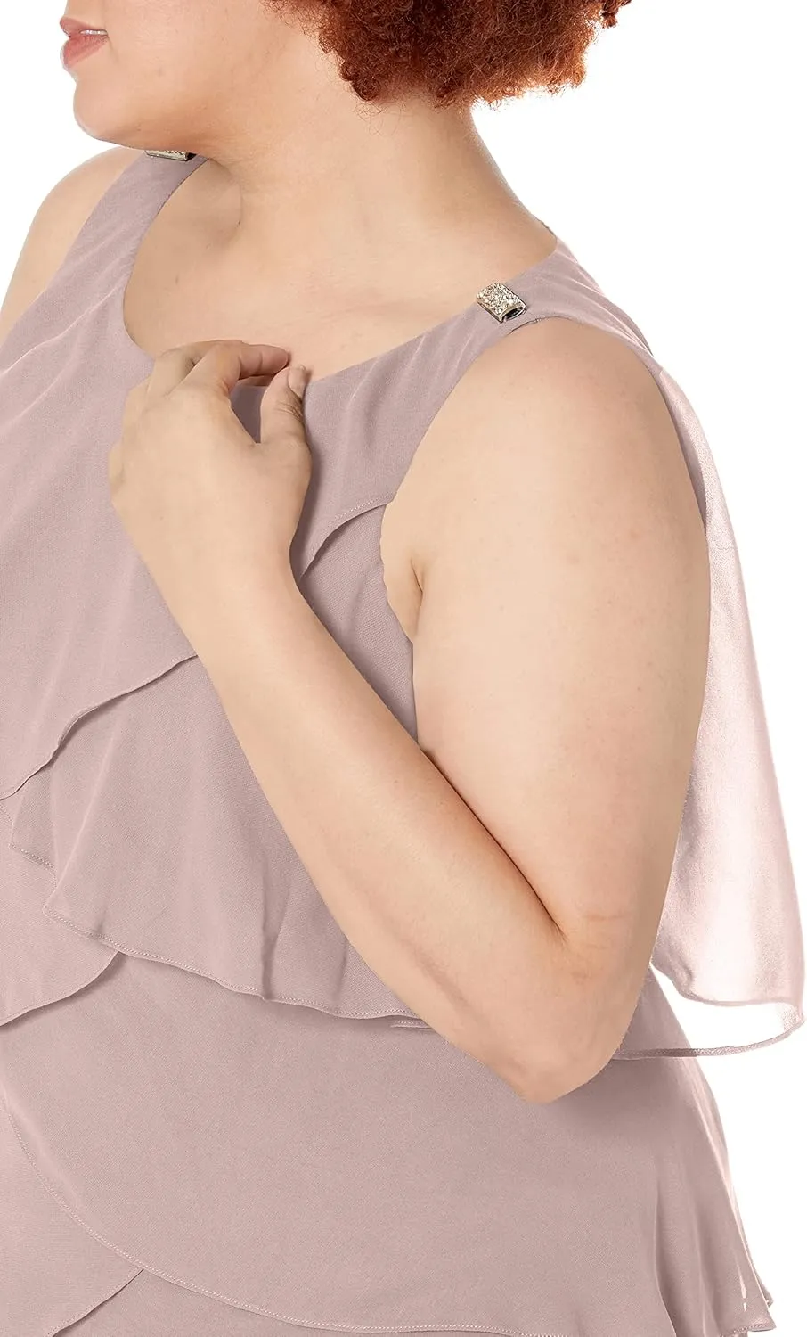 S.L. Fashions Women's Plus-Size Solid Multi-Tier Embellished Shoulder Dress