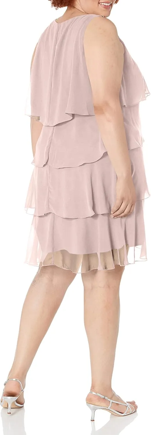 S.L. Fashions Women's Plus-Size Solid Multi-Tier Embellished Shoulder Dress