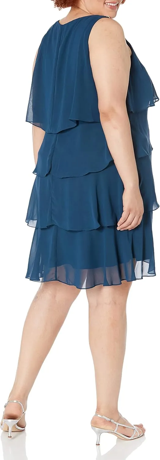 S.L. Fashions Women's Plus-Size Solid Multi-Tier Embellished Shoulder Dress