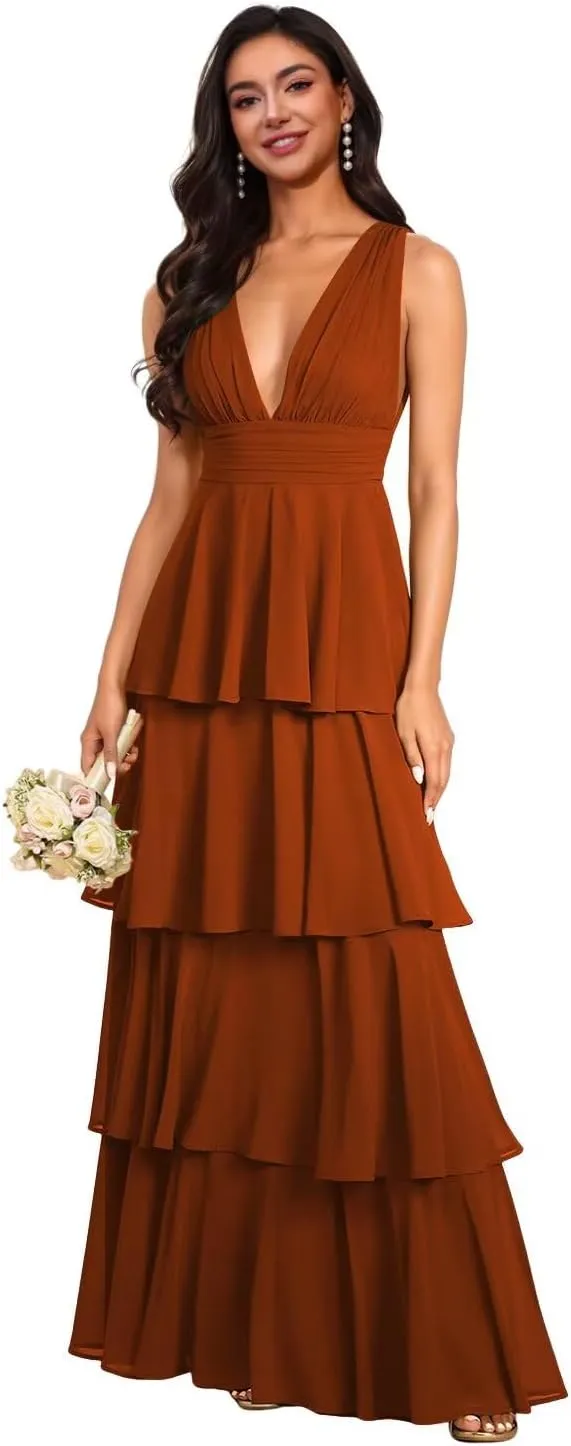 Sleeveless Bridemaid Dresses for Women V Neck Chiffon A Line Tiered Layered Long Formal Evening Gowns LOPR004