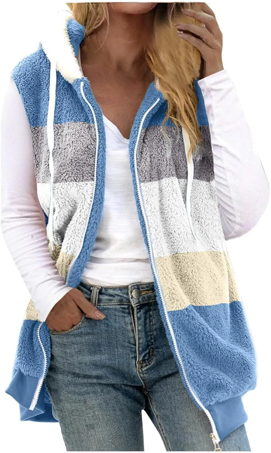 SMIDOW Womens Fall Fashion Fuzzy Fleece Vest Oversized Color Block Sleeveless Jackets With Pockets Hooded Full Zip Vest