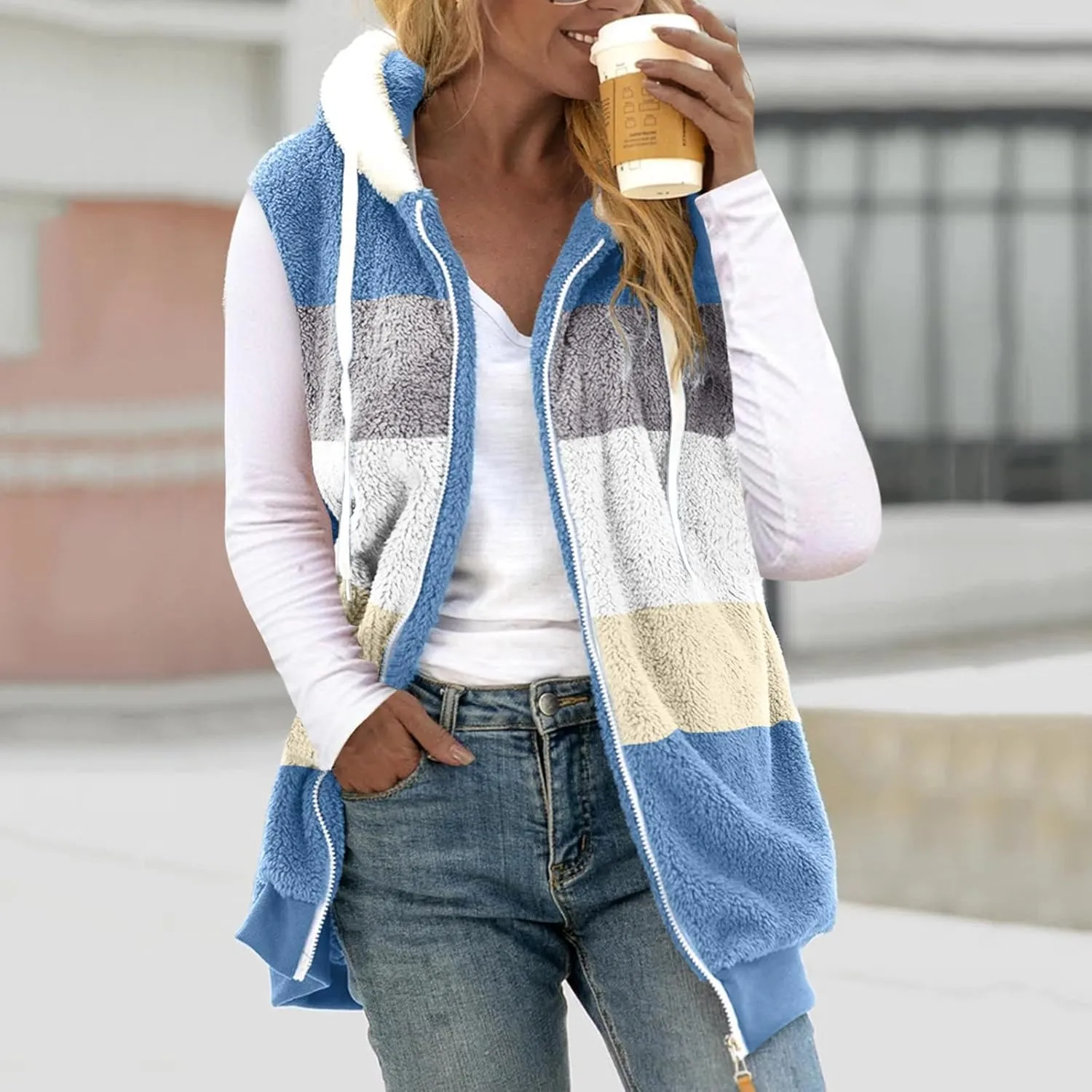 SMIDOW Womens Fall Fashion Fuzzy Fleece Vest Oversized Color Block Sleeveless Jackets With Pockets Hooded Full Zip Vest