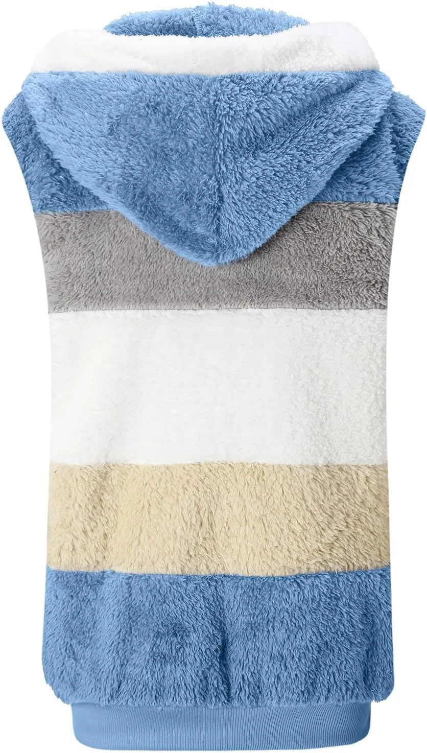 SMIDOW Womens Fall Fashion Fuzzy Fleece Vest Oversized Color Block Sleeveless Jackets With Pockets Hooded Full Zip Vest