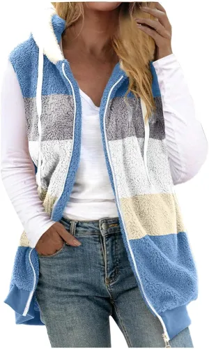 SMIDOW Womens Fall Fashion Fuzzy Fleece Vest Oversized Color Block Sleeveless Jackets With Pockets Hooded Full Zip Vest