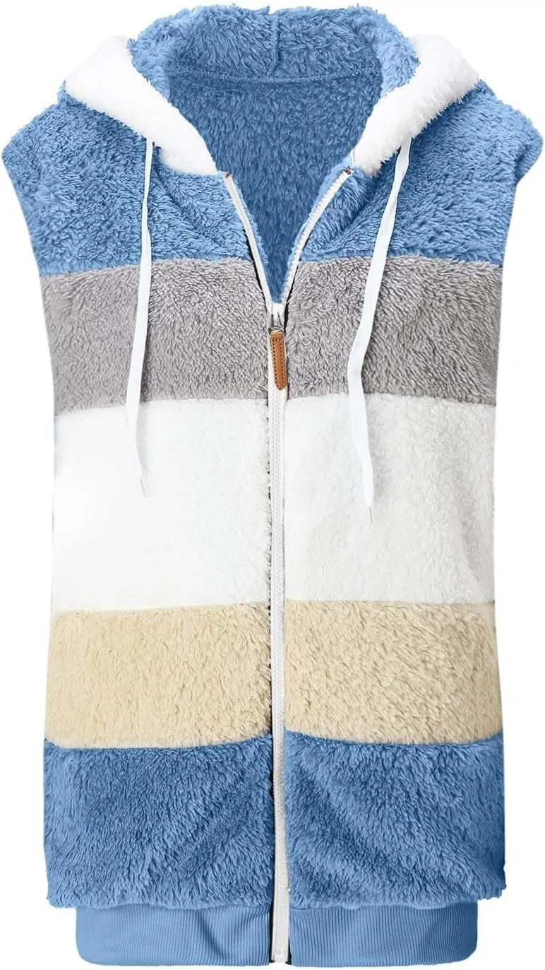 SMIDOW Womens Fall Fashion Fuzzy Fleece Vest Oversized Color Block Sleeveless Jackets With Pockets Hooded Full Zip Vest