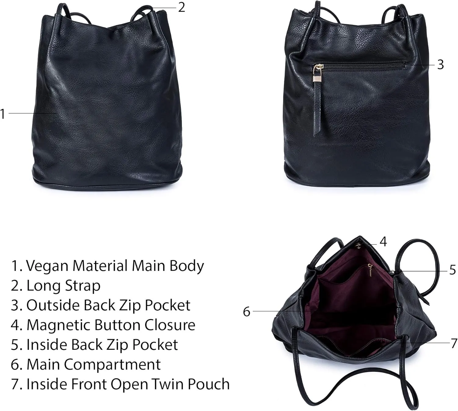 Soft Vegan Leather Hobo Bucket Shoulder Bag for Women  Medium Purse with Magnetic Opening  Delilah
