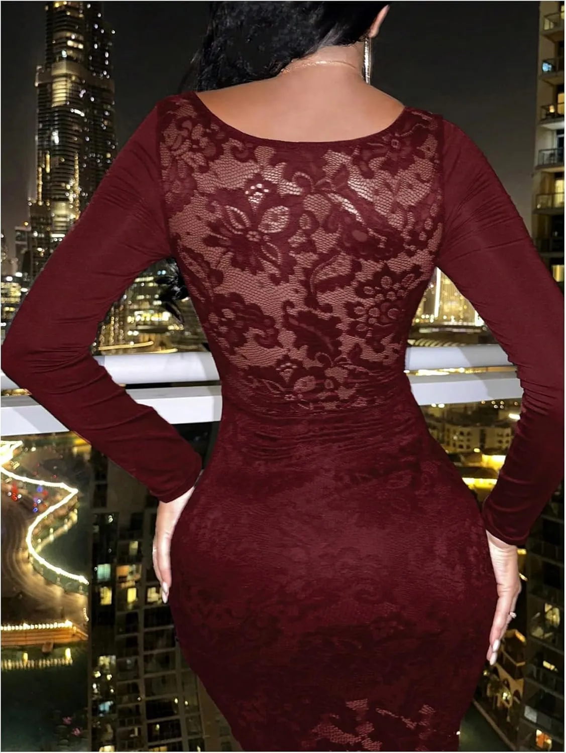 SOLY HUX Women's Lace Sheer Bodycon Mini Dresses Long Sleeve Sexy Club Night Out Party Dress