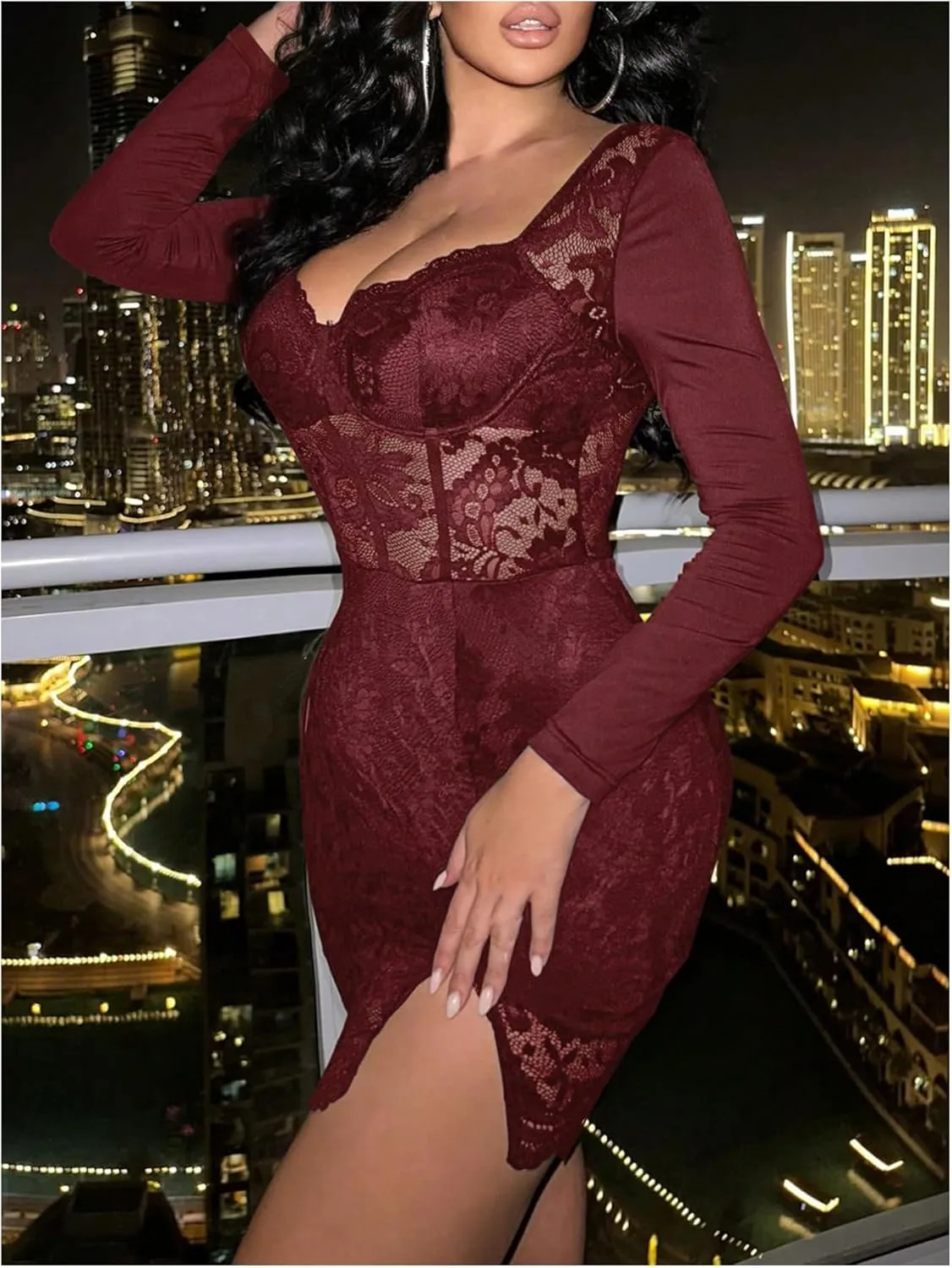 SOLY HUX Women's Lace Sheer Bodycon Mini Dresses Long Sleeve Sexy Club Night Out Party Dress