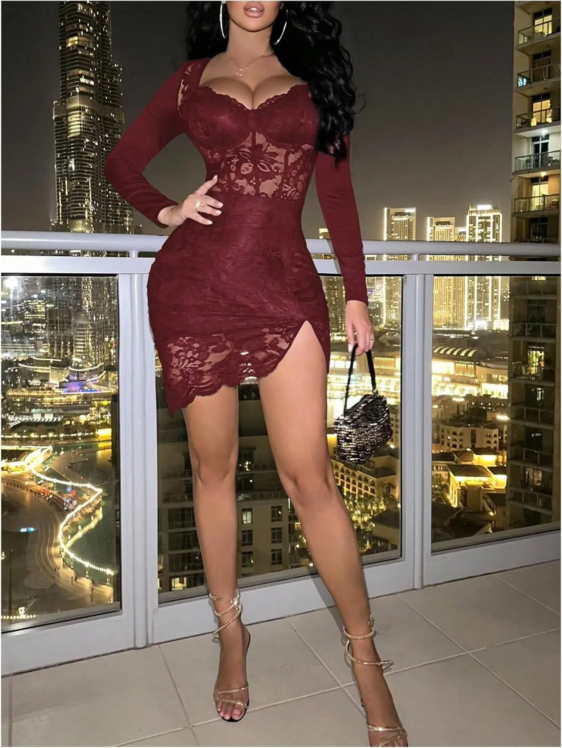 SOLY HUX Women's Lace Sheer Bodycon Mini Dresses Long Sleeve Sexy Club Night Out Party Dress