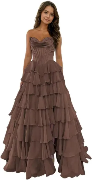Strapless Corset Prom Dress Chiffon Tiered Ball Gown with Slit Ruffles Long 8th Graduation Gown ZD214
