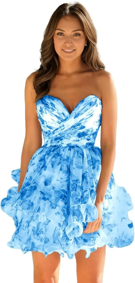 Strapless Printed Chiffon Homecoming Dress Tiered Ruffles Short Prom Dress Corset Cocktail Gown
