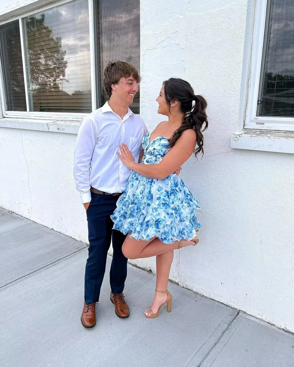 Strapless Printed Chiffon Homecoming Dress Tiered Ruffles Short Prom Dress Corset Cocktail Gown