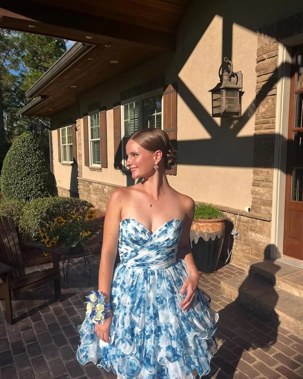 Strapless Printed Chiffon Homecoming Dress Tiered Ruffles Short Prom Dress Corset Cocktail Gown