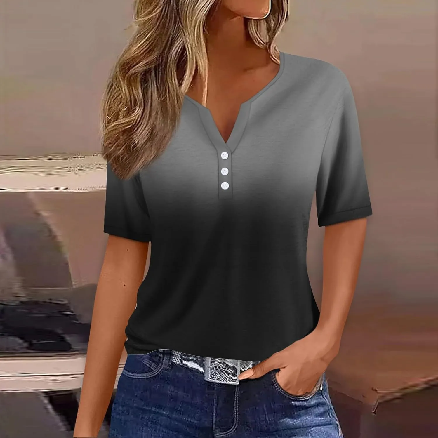 Summer Tops for Women 2025 Trendy Vacation Short Sleeve Button Vneck T Shirt Loose Fitted Boho Graphic Tees Fashion